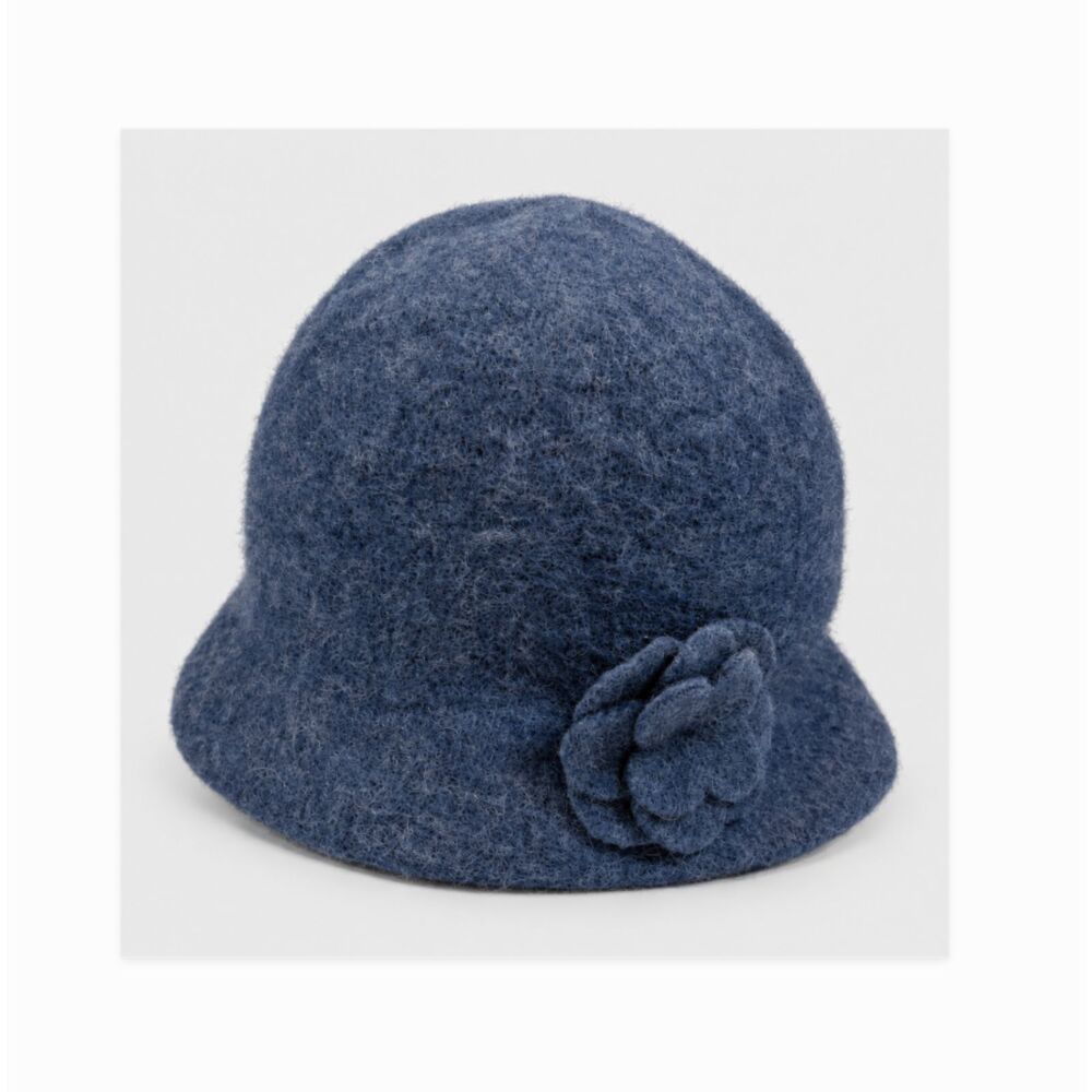 VTG Barbour Blue Lambswool Cloche Hat Flower Scotland Parisian Chic Cottagecore